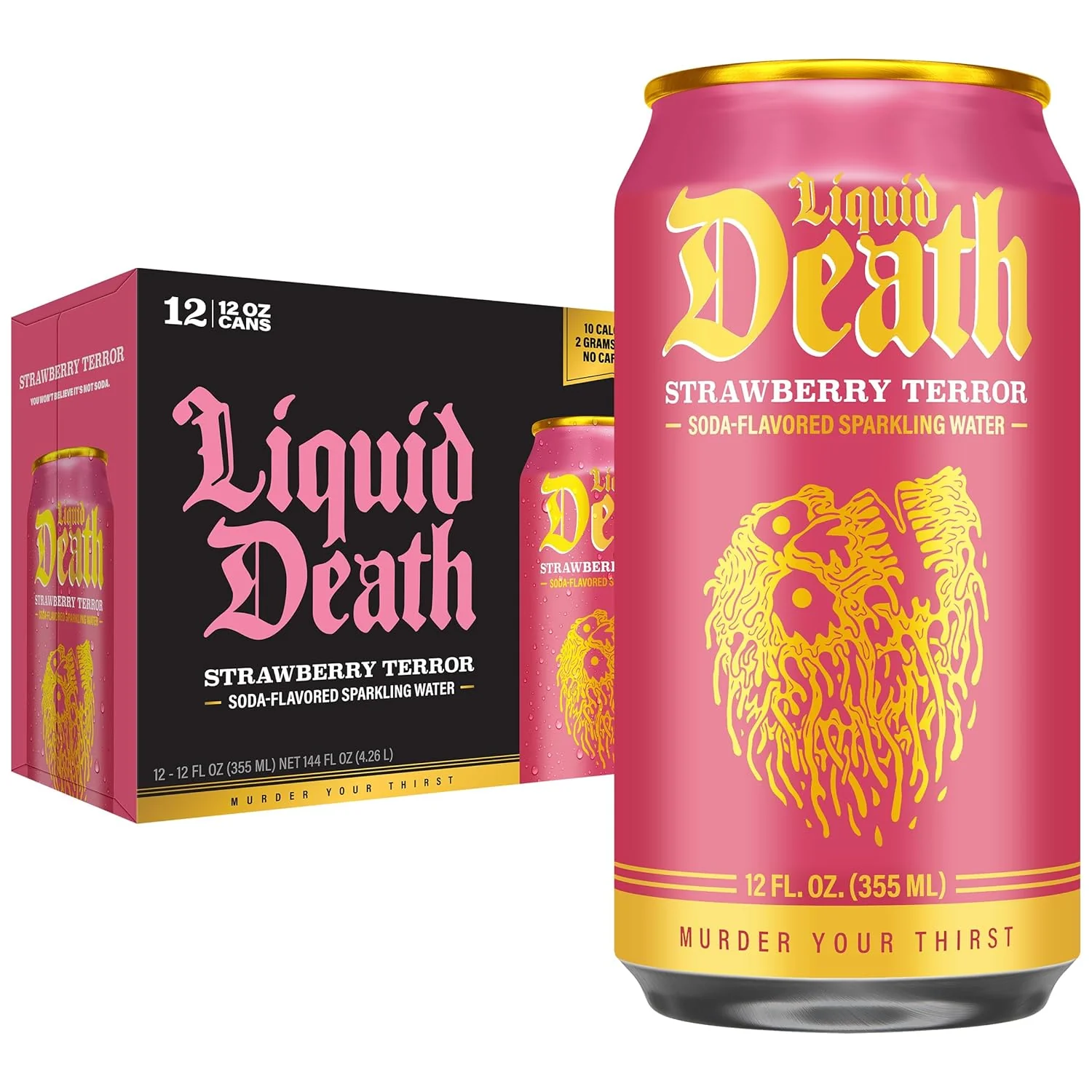 Liquid Death Flavored Sparkling Water, Strawberry Terror, 12oz (Pack of 12)