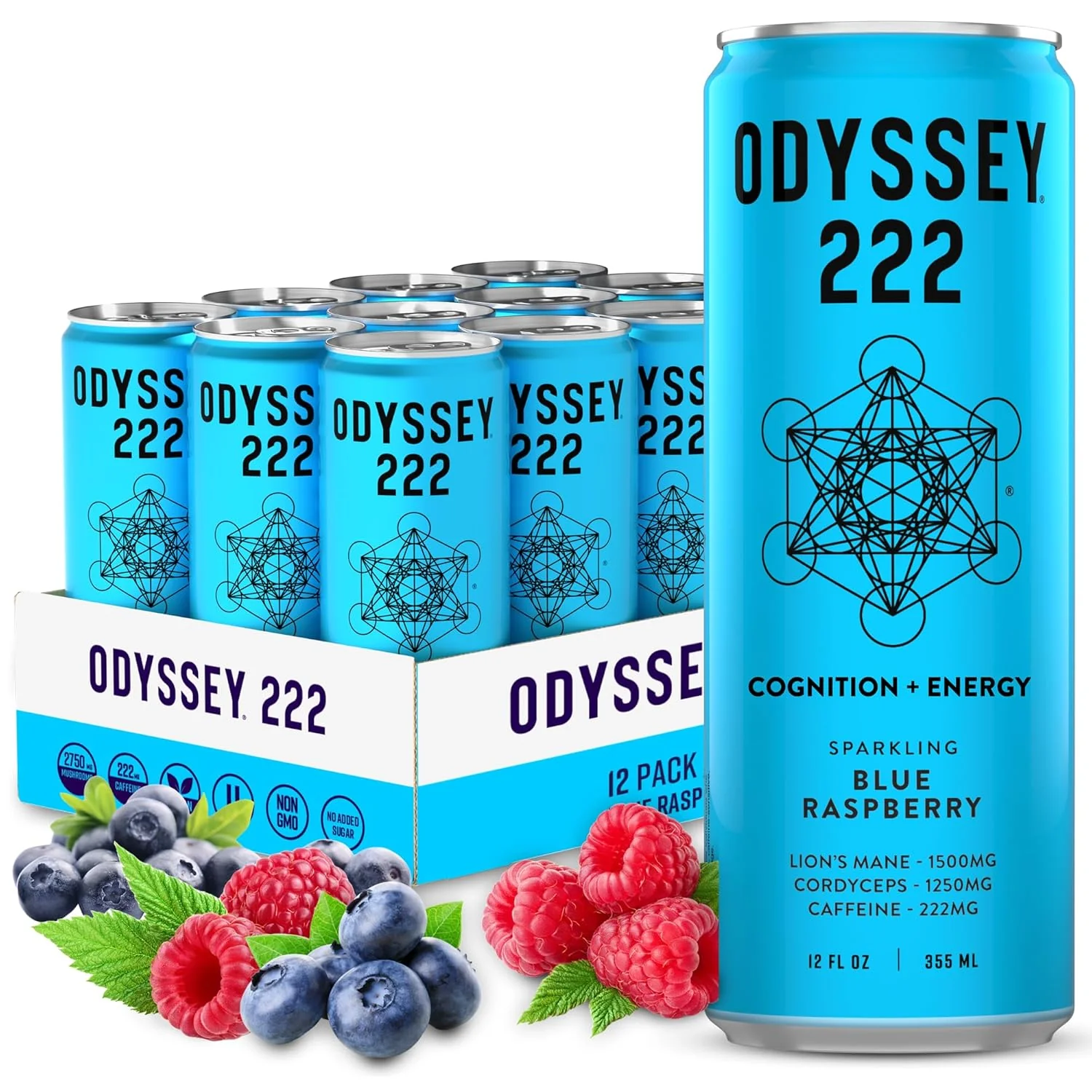 Odyssey 222 Sparkling Energy Drink, Blue Raspberry, 12oz (Pack of 12)