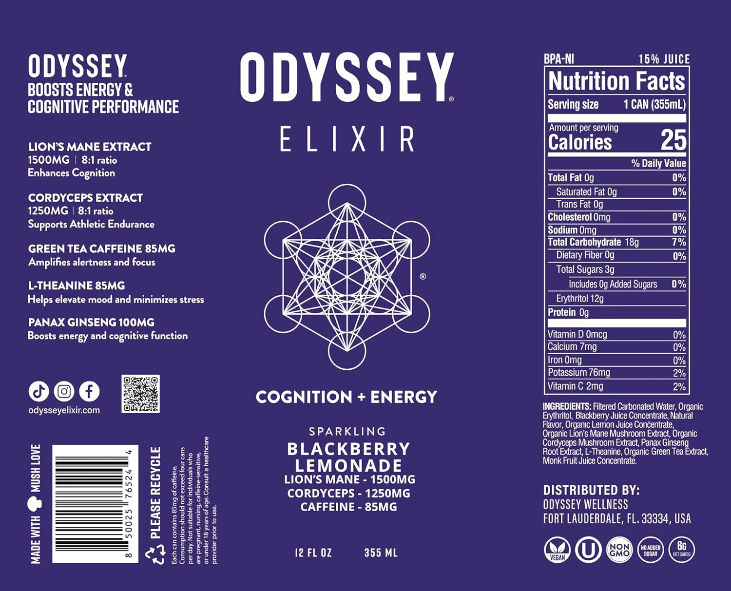 Odyssey ELIXIR Sparkling Energy Drink, Blackberry Lemonade, 12oz (Pack of 12) - Image 4