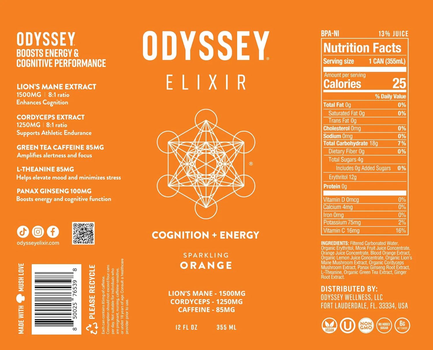 Odyssey ELIXIR Sparkling Energy Drink, Orange, 12oz (Pack of 12) - Image 2