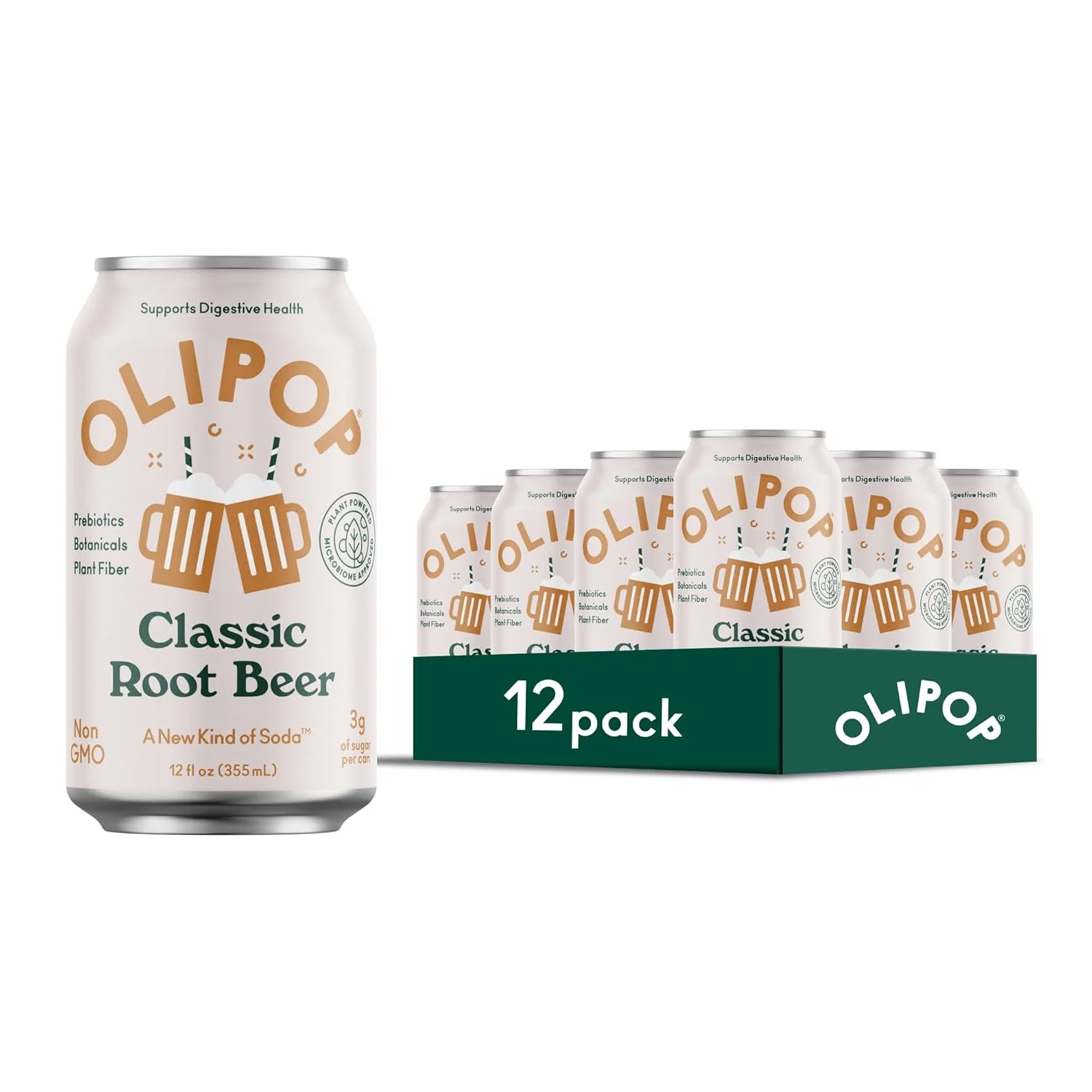 Olipop Sparkling Prebiotic Soda, Classic Root Beer, 12oz (Pack of 12)
