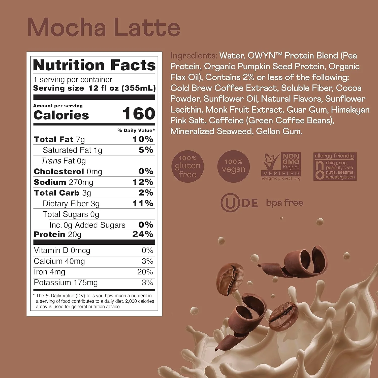 OWYN Non-Dairy Coffee Shake 20g Protein, Double Shot Mocha Latte, 12oz (Pack of 12) - Image 2