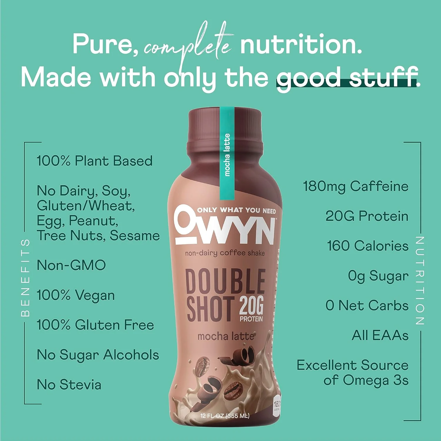 OWYN Non-Dairy Coffee Shake 20g Protein, Double Shot Mocha Latte, 12oz (Pack of 12) - Image 4
