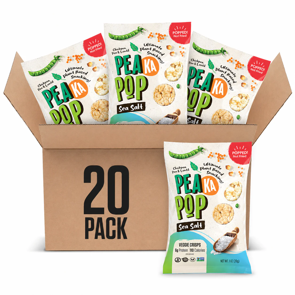 PeaKaPop Veggie Popped Chips, Sea Salt, 1oz (Pack of 20)