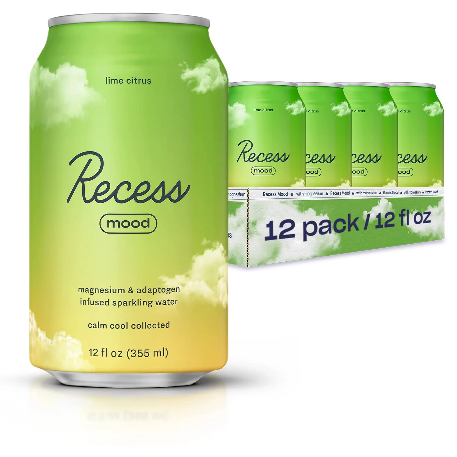 Recess Mood Magnesium & Adaptogen Drink, Lime Citrus, 12oz (Pack of 12)