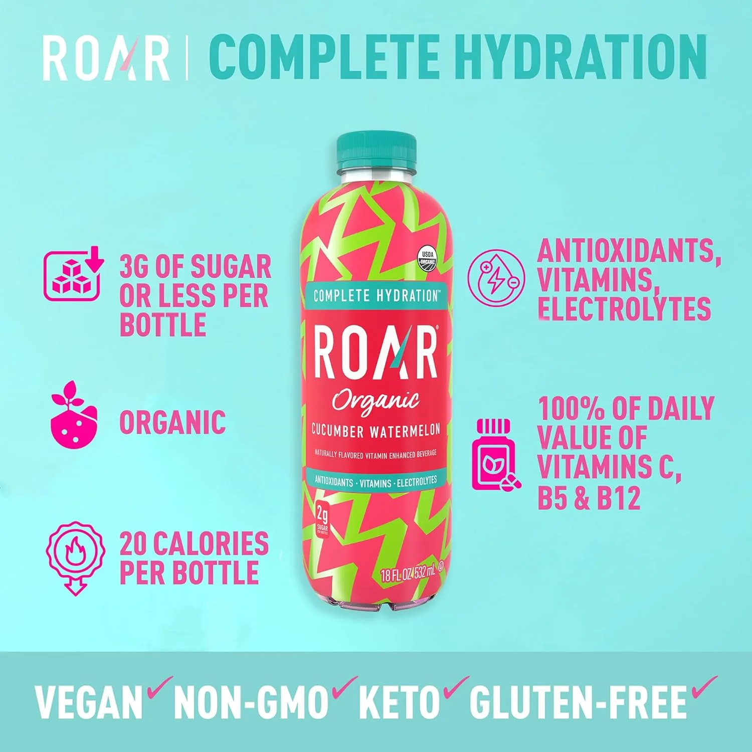 ROAR Complete Hydration Organic Drink, Cucumber Watermelon, 18 oz (Pack of 12) - Image 3