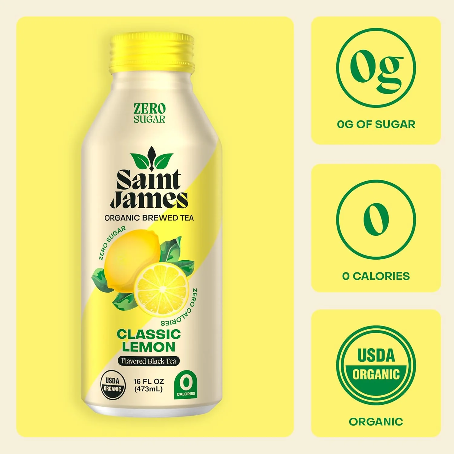 Saint James Organic Brewed Iced Tea, Classic Lemon, 16oz (Pack of 12) - Image 3