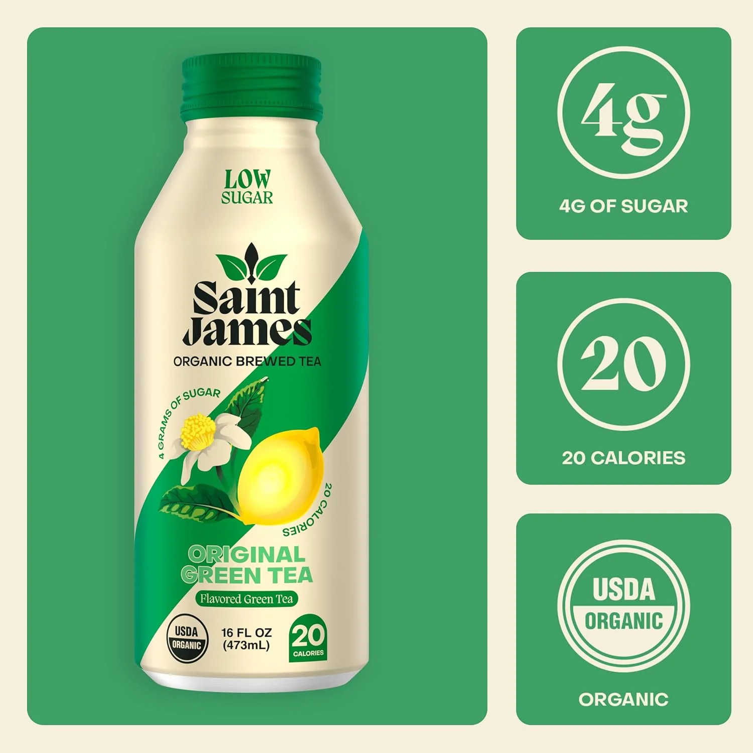 Saint James Organic Brewed Iced Tea, Original Green Tea, 16oz (Pack of 12) - Image 3