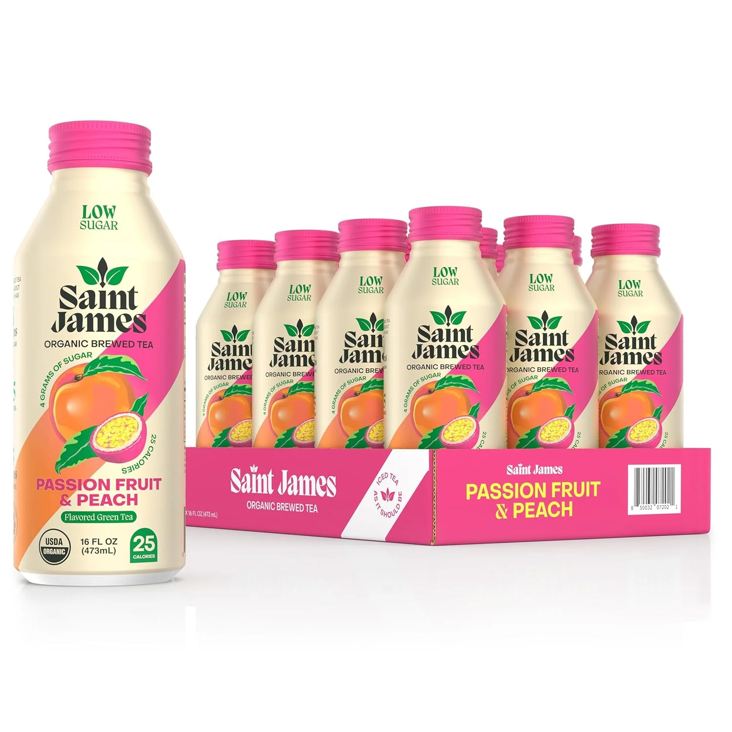 Saint James Organic Brewed Iced Tea, Passion Fruit & Peach, 16oz (Pack of 12)