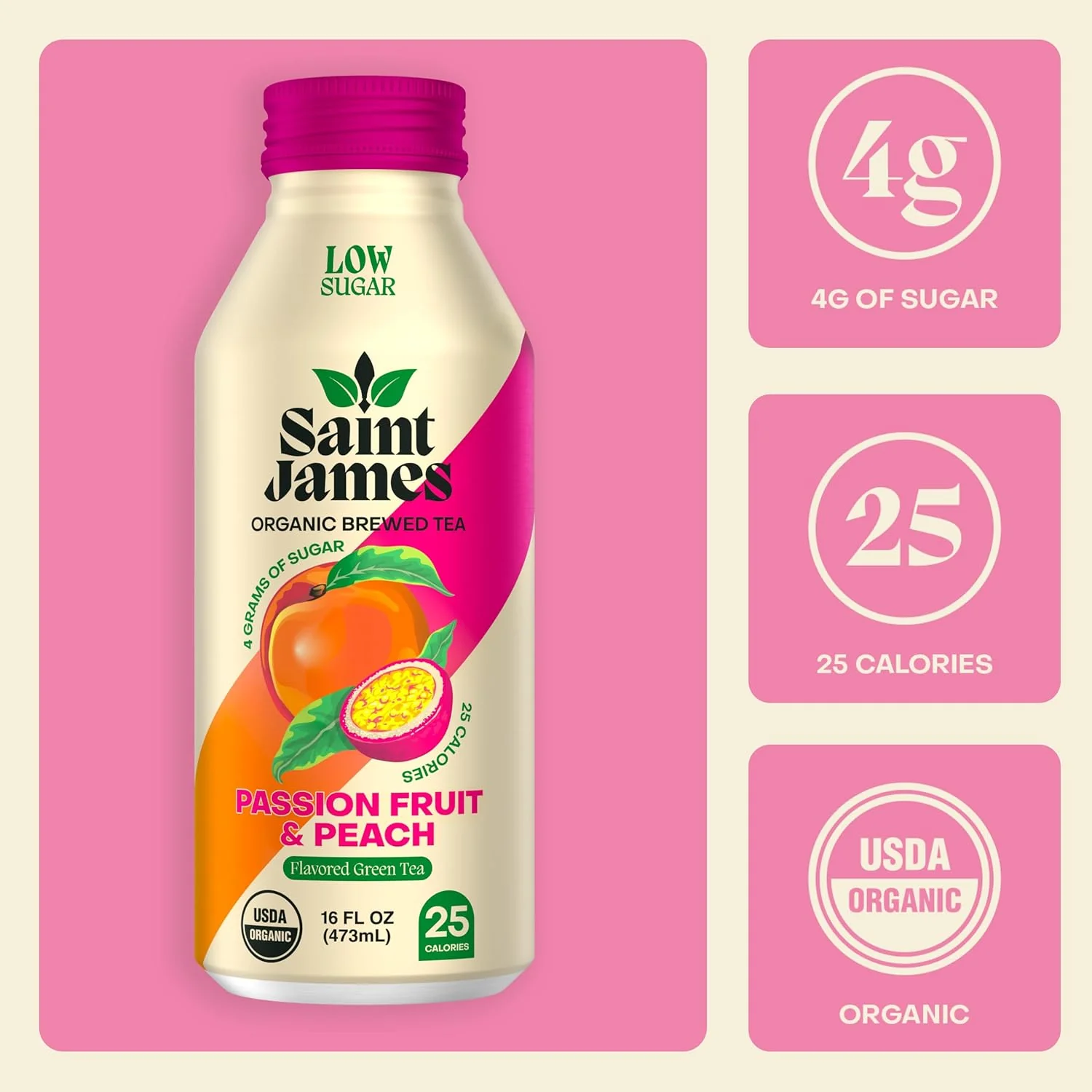Saint James Organic Brewed Iced Tea, Passion Fruit & Peach, 16oz (Pack of 12) - Image 3
