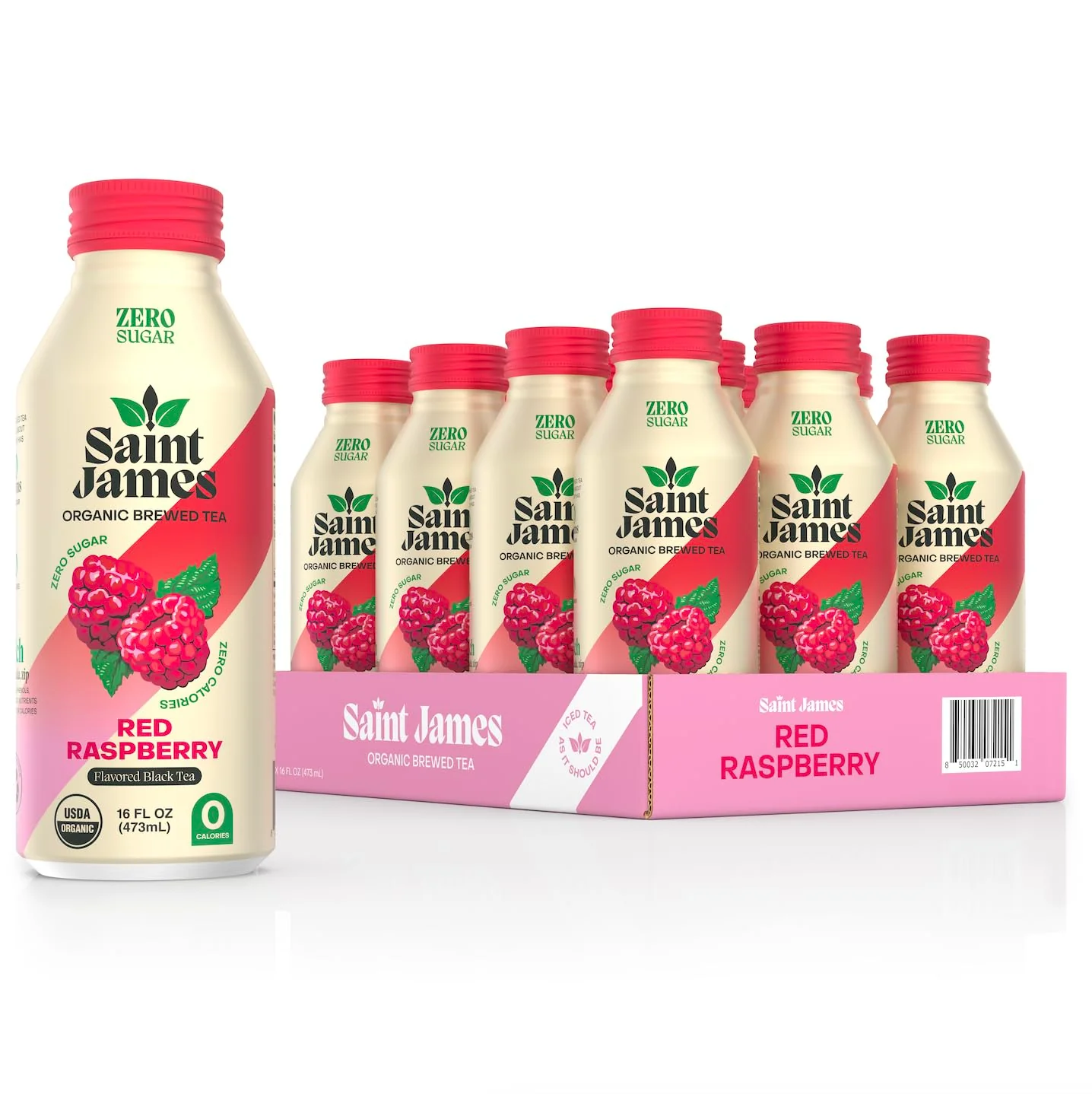 Saint James Organic Brewed Iced Tea, Raspberry, 16oz (Pack of 12)
