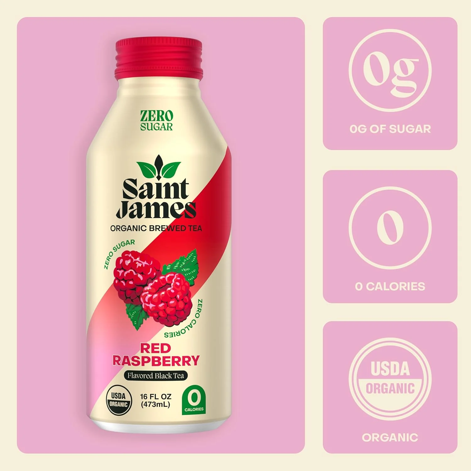 Saint James Organic Brewed Iced Tea, Raspberry, 16oz (Pack of 12) - Image 3