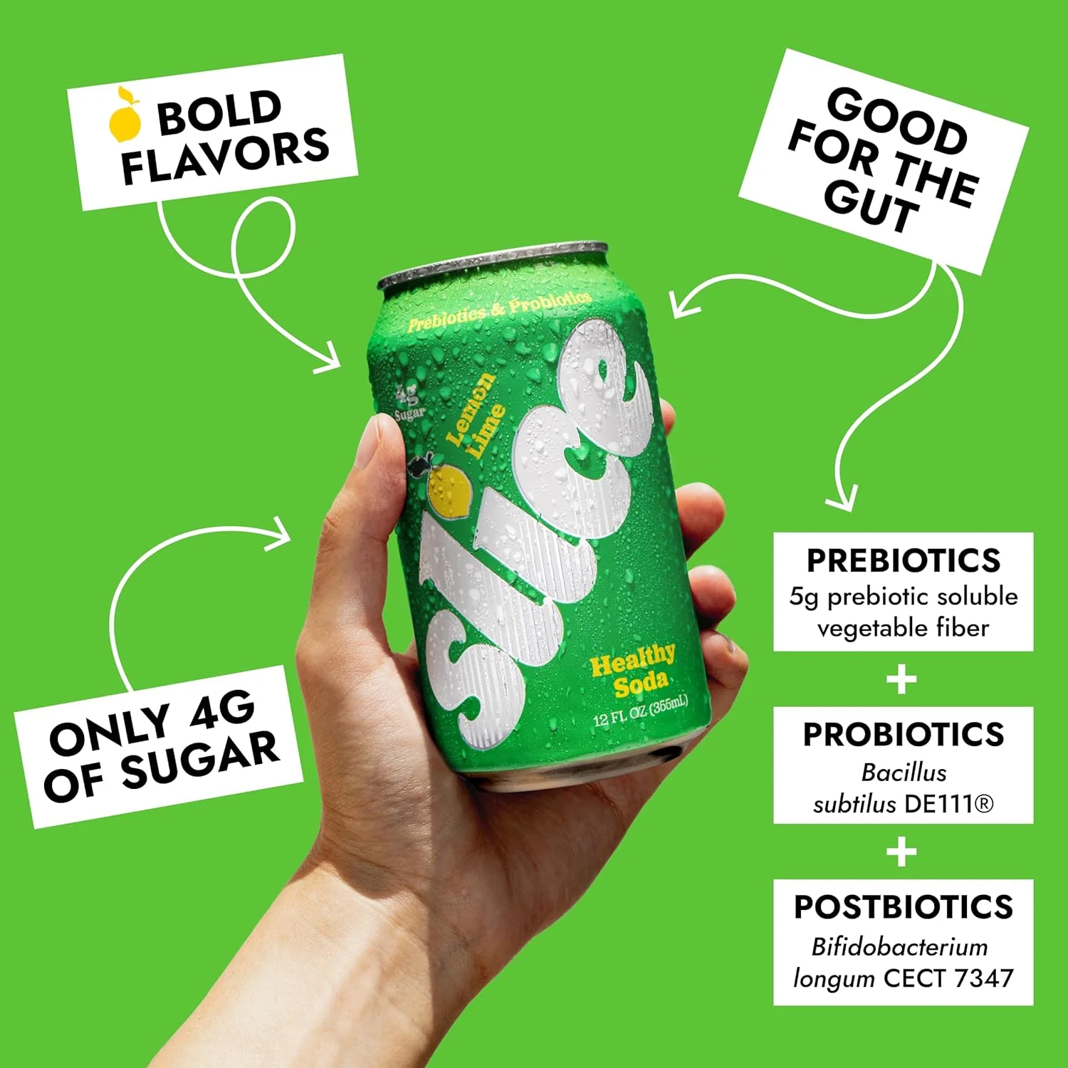 Slice Prebiotic & Probiotic Soda Pop, Lemon Lime, 12oz (Pack of 12) - Image 3