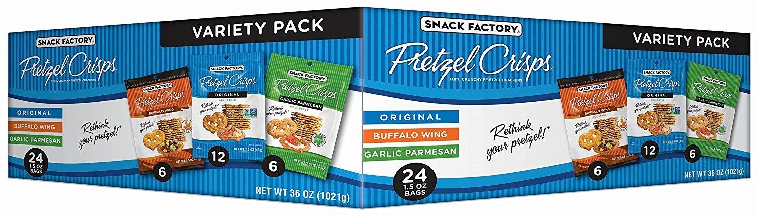 Snack Factory Pretzel Crisps Variety Pack; Original, Buffalo Wing, Garlic Parmesan 1.5 Ounce bags, 24 Count