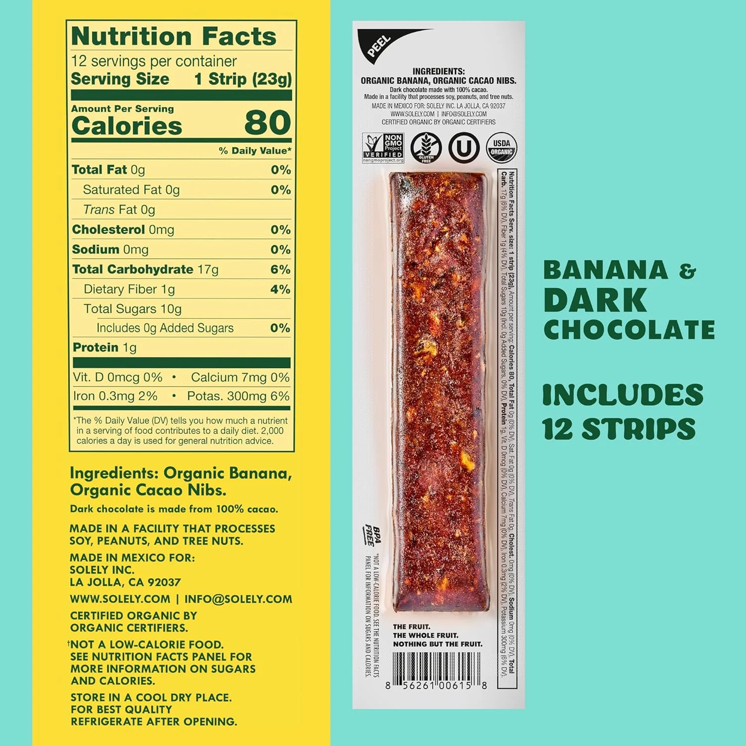 Solely Organic Fruit Jerky, Banana & Dark Chocolate, 0.8oz (Pack of 12) - Image 2
