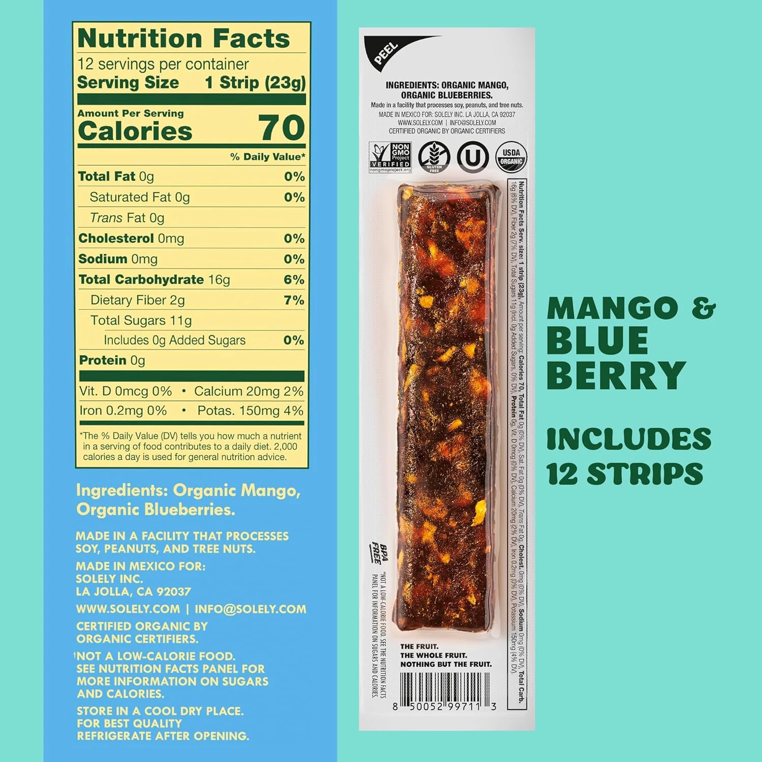 Solely Organic Fruit Jerky, Mango & Blueberry, 0.8oz (Pack of 12) - Image 2