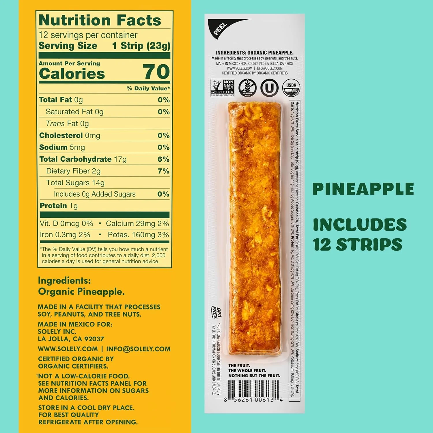 Solely Organic Fruit Jerky, Pineapple, 0.8oz (Pack of 12) - Image 2